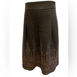 BOHO BROWN EMBROIDERED WOOL BLEND MOROCCAN HERRINGBONE WEAVE & BOX PLEATS SZ 12P